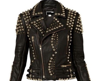 【COLOR iN ID】stud leather jacket Women's Black Color Silver Studded Faux Vegan Leather Jacket