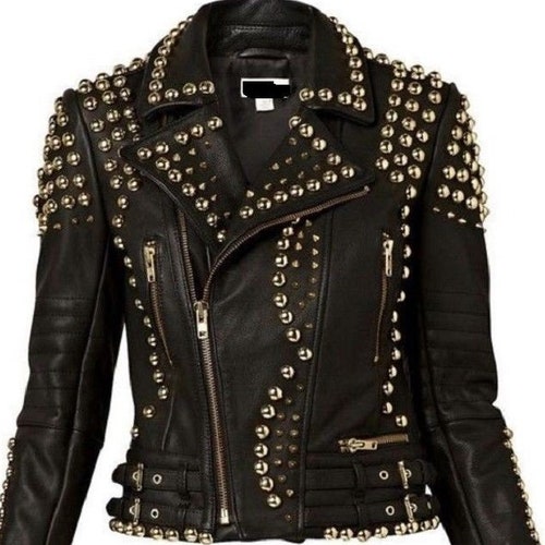 Womens Studded Leather Jacket Full Black Women Punk Silver - Etsy