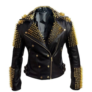 Bomber Black Heavy Metal Studs Jacket, Customize Golden Studs Jacket, Real Leather Motorbike Fashion Jacket, Men&#39;s Spiked Fashion Jacket,