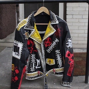 Motorbike Silver Studded Punk Jacket, Handmade Patches Jacket, Cowhide Leather Gothic Jacket, Steampunk Personalized Jacket,