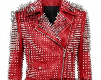 Punk Rocker Flame Veil Damen rote Lederjacke mit schweren Spikes & Metallnieten