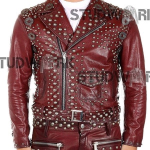 Rocker Studded Jacket Genuine Leather Maroon Red Gunmetal - Etsy
