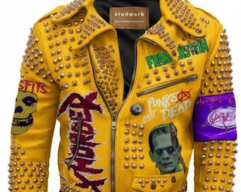 Gelbe Kuh Leder Herren Punk Jacke mit Goldenen Nieten und Gemalten Kunstwerk Handgemachte Statement Oberbekleidung