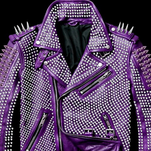 Men Silver Studded Spiked Genuine Punk Purple Leather Belted Jacket