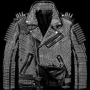 Men Full Silver Studded Spiked Genuine Punk Leather Belted Jacket