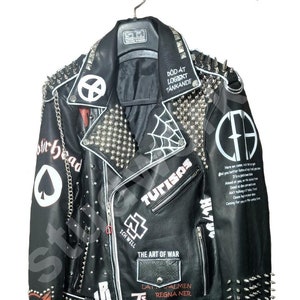 Brando Handmade Steampunk Heavy Metal Studded Real Leather Gothic Patches printing Party Leather Jacket