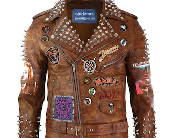 Tiger-Druck-Kuh-Haut-Leder, Brando Fashion Brown-Kleidung, Spikes-Abzeichen-Jacke, Steampunk-Silber-Nieten, Werewolf-Fluch-Nieten-Outfit,