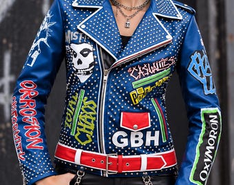 Blue Studded Punk Leather Jacket, The Exploited Skull Back Print, Gothic Biker Jacket