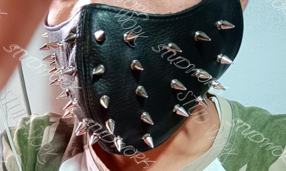 Steam Punk Leather Studded Mask Red and Black Unixes Silver Studded Leather Punk Face Mask Tree Spike
