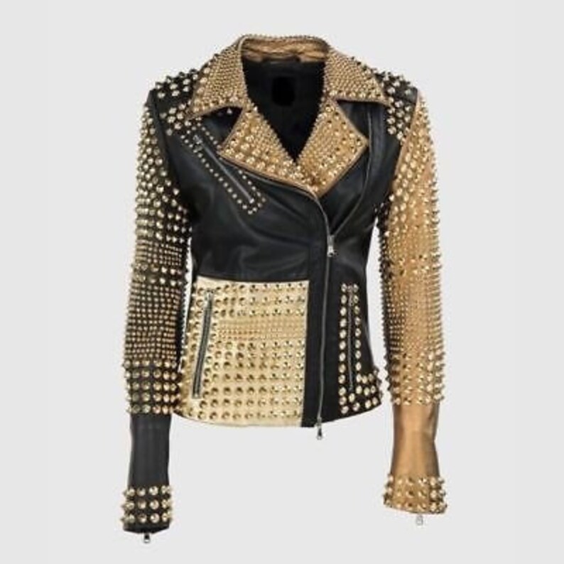 Women Studded Leather Jacket Golden Spiked Studs Coat Wear For Steam Punk Dress Party Singing Show Costume