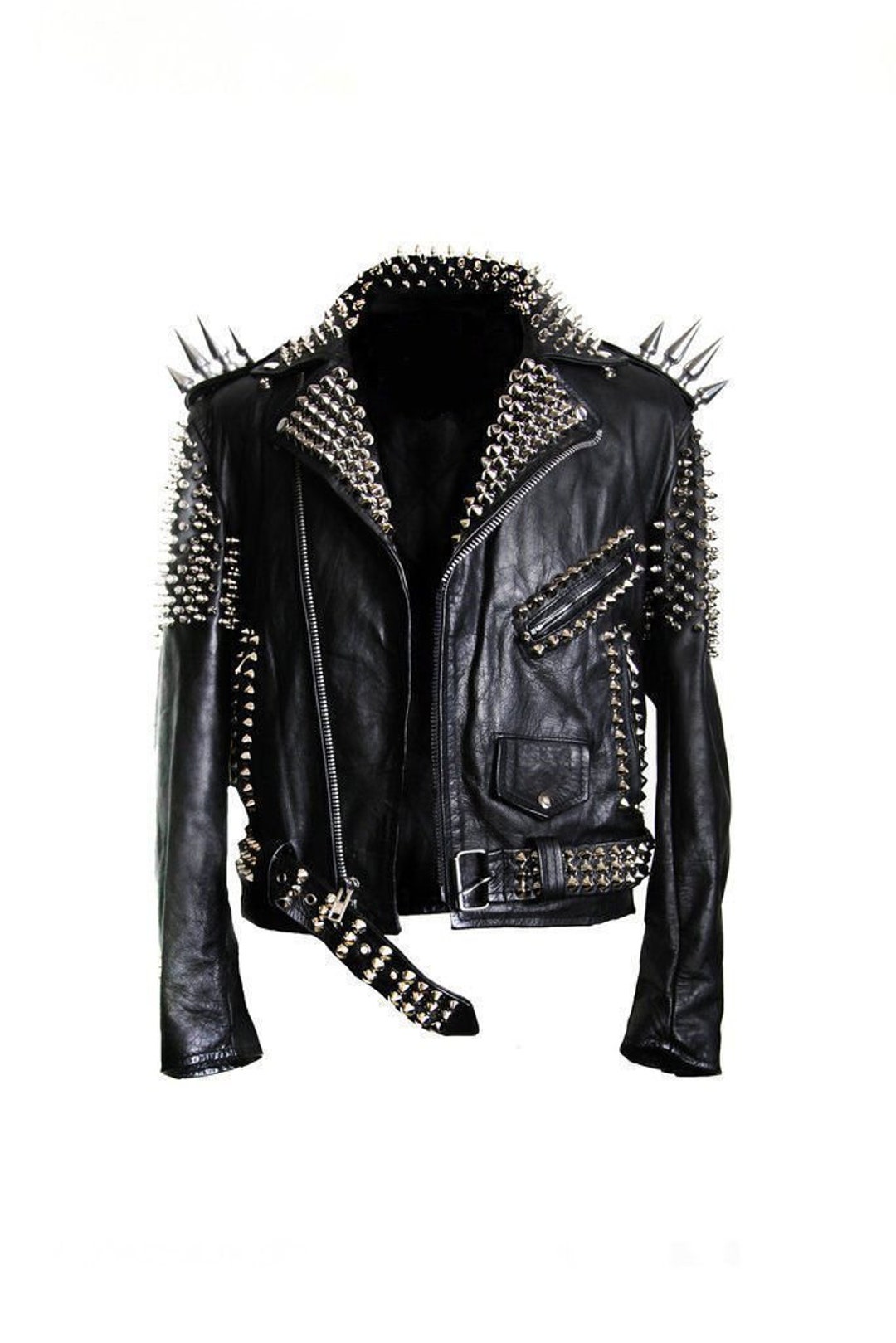 Men Studded Jacket Black Punk Silver Long Spiked Cowhide Leather Solid Heavy Studs Used on Solders Belted Biker Jacket Side Zipper Pockets Etsy UK