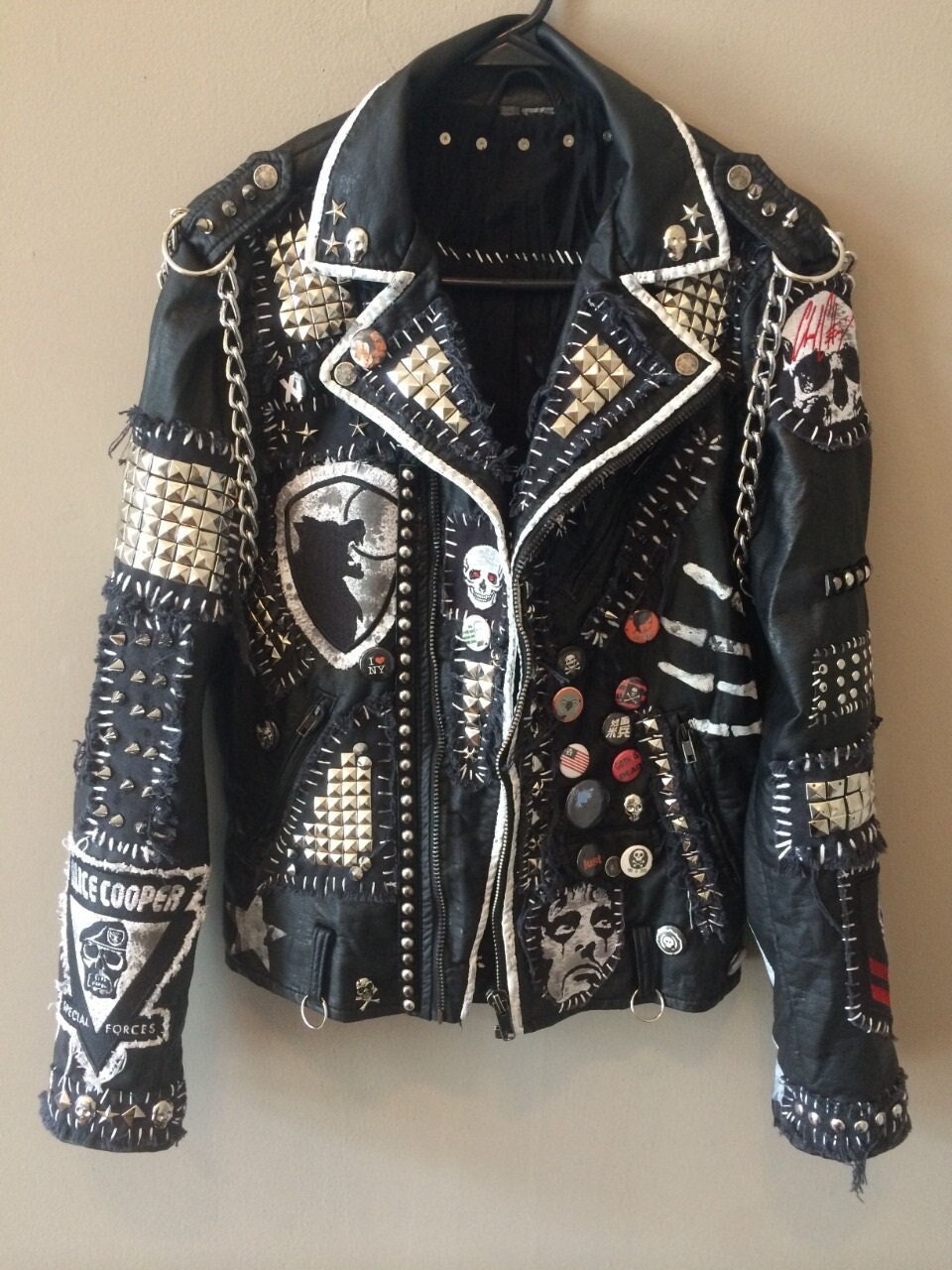 Fashion Brand Leather Jacket Women's Chain Studded Rock Punk Badge