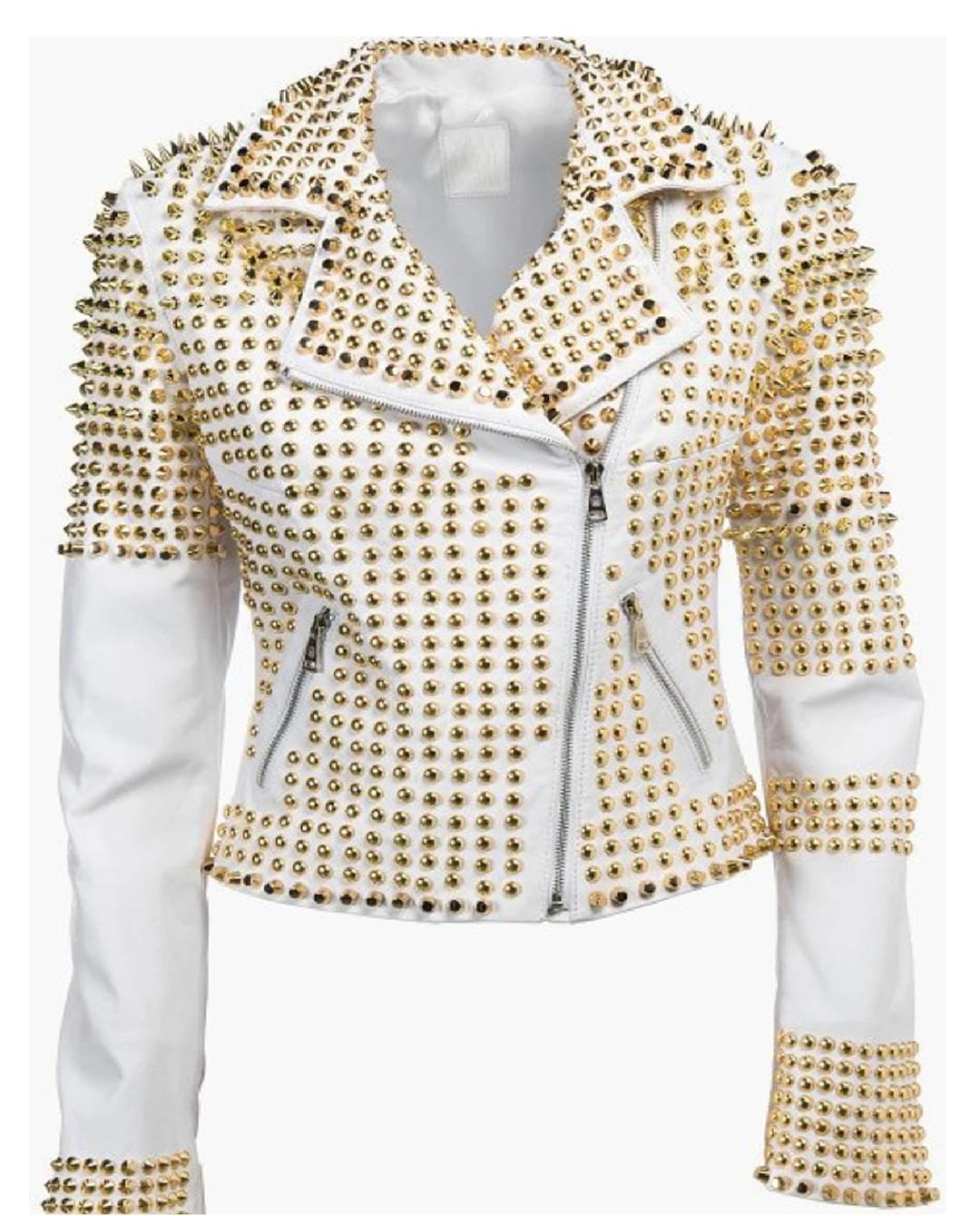 Handmade Womens Fashion Golden Studded Punk Style Leather Jacket