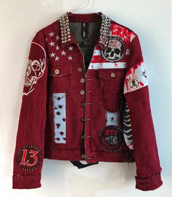DimMoire Gothicワッペンジャケット Men's Crimson Havoc Red Denim Gothic Jacket Punk Rock Patches