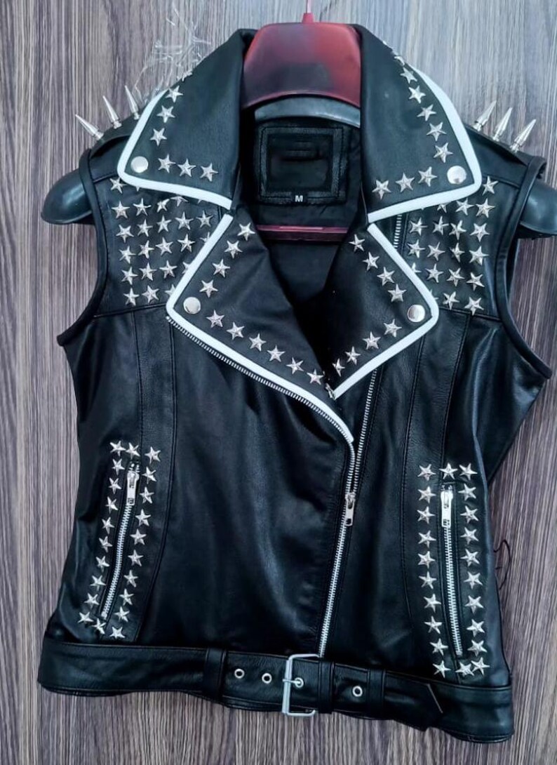 Starstudded Women's Leather Jacket With White Piping Trendy Studded