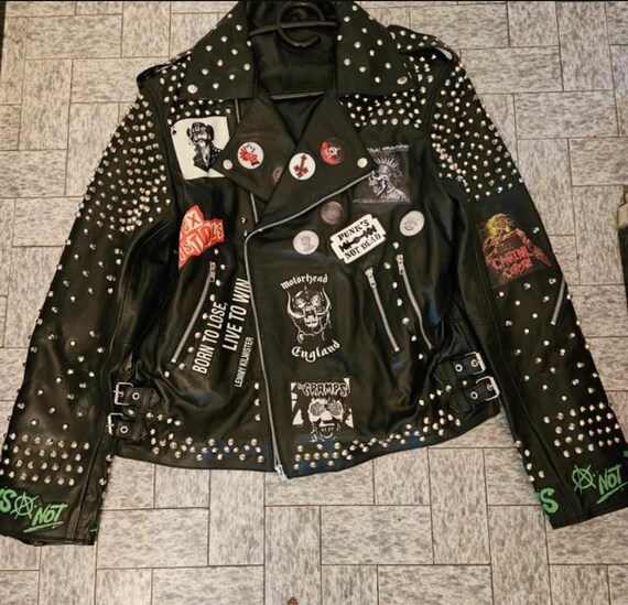 Sex Pistols Inspired Leather Jacket, Silver Studded Patches
