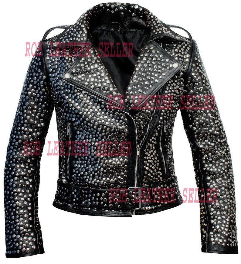 Moto Black Brando Belted Leather Jacket Silver Studded Leather - Etsy