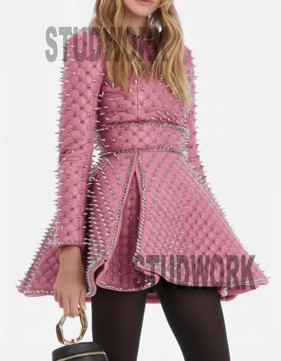 pink leather dress long sleeve Handmade Hot Pink Leather Dress,