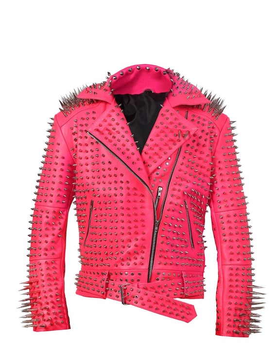 Men s Full SPIKED Punk Silver Long Spike Studded PINK Leather