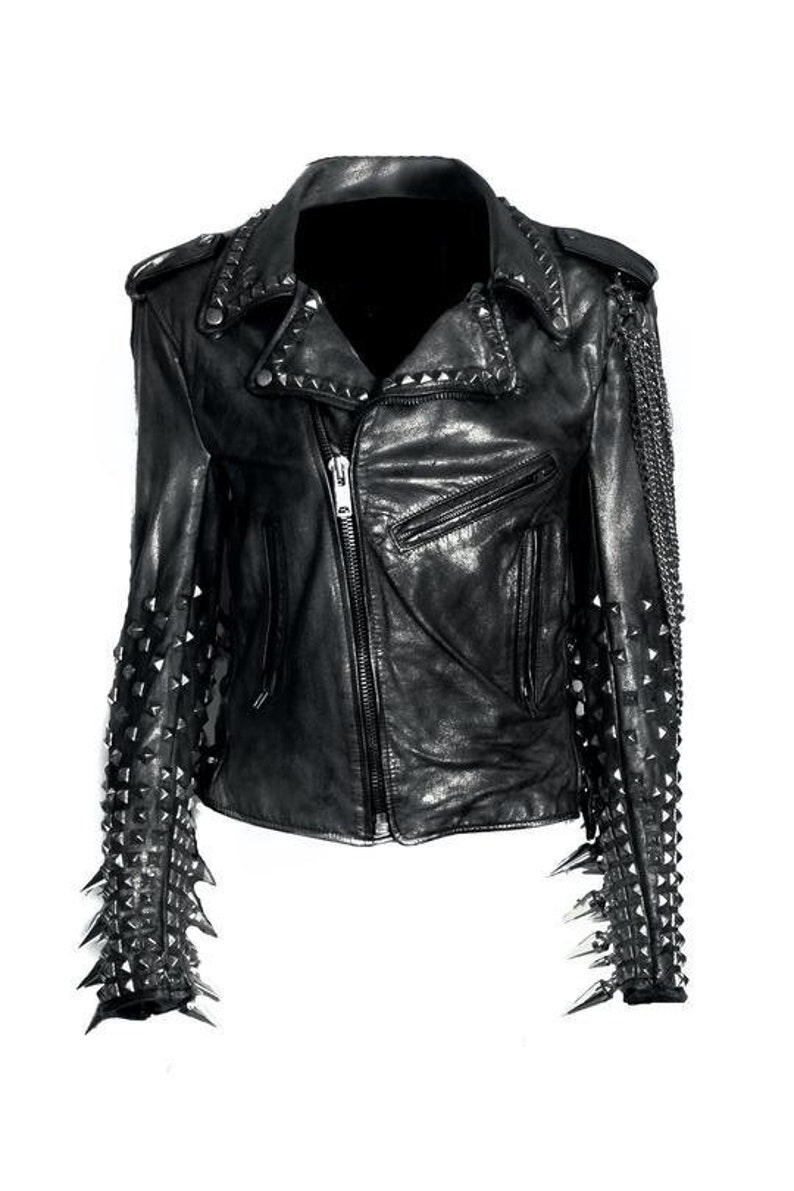Men Black Silver Studded Long Spiked Brando Biker Cowhide Leather Jacket Chain Studs On Sleeves Motorcycle Classic Vintage