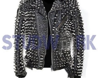 Chaqueta de moda con tachuelas para hombre estilo punk de cuero genuino, con tachuelas de metal pesado plateado, chaqueta de motociclista de corte entallado, chaqueta de motociclista con tachuelas, con tachuelas