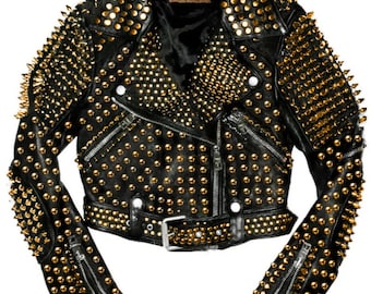 Women&#39;s Golden Biker Jacket with Studded Dome & Tree Spikes – Leather Motorcycle Jacket Punk hippie clothing Club wear