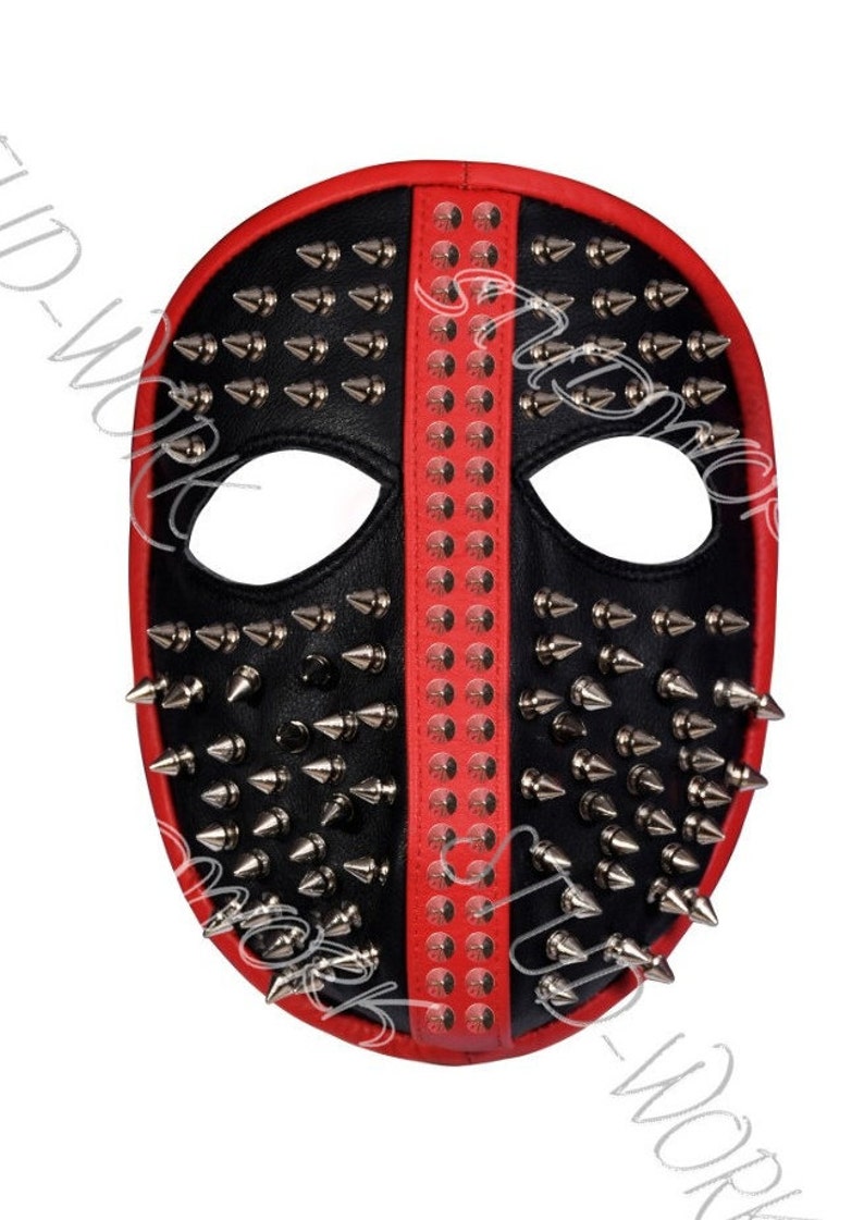 Steam Punk Leather Studded Mask Red and Black Unixes Silver Studded Leather Punk Face Mask Tree Spike