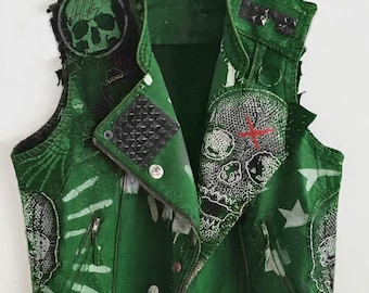 Toxic Halo Green Sleeveless Jacket Gangster Punk Vest with Skull Patches, Studded Lapel & Chaos Graphics