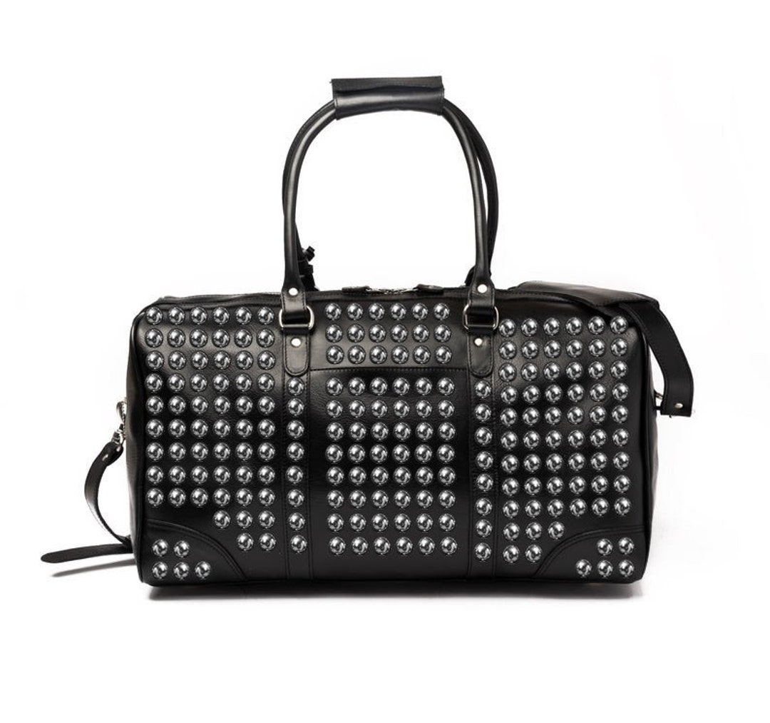 Unisex Silver Studded Leather Duffel Bag, Black Studded Leather Travel ...