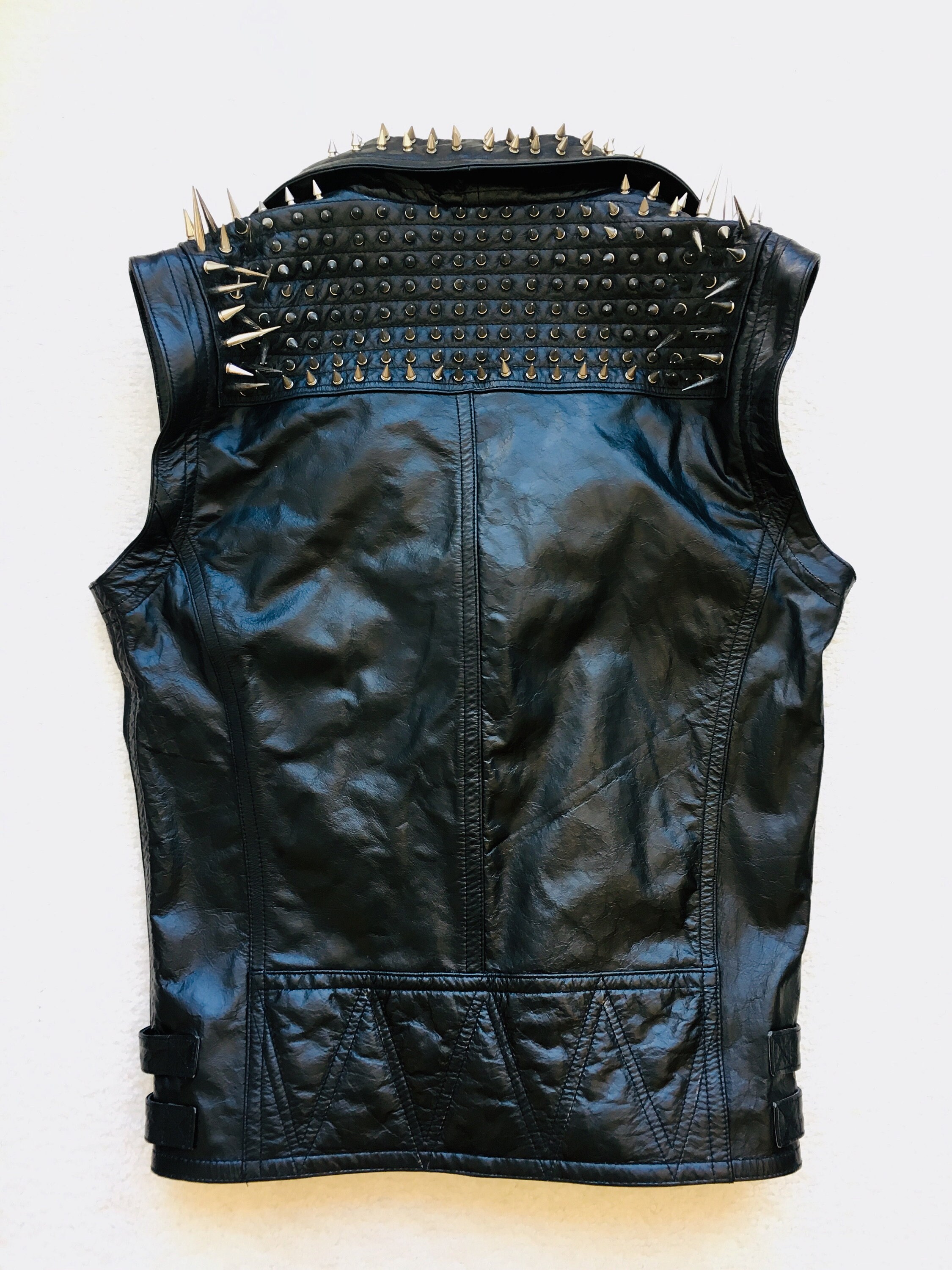 VEST JACKET HANDMADE Men Black Punk Silver Long Spiked