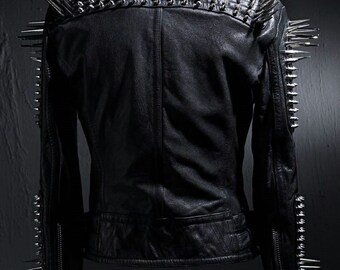 Studded Leather Jacket Women Handmade Full Black Punk Silver Long