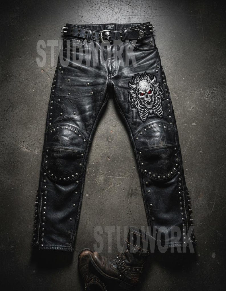 May include: Black leather pants with silver studs and a skull patch. The pants have knee pads and a studded belt. The text "STUDWORK" is visible on the pants.