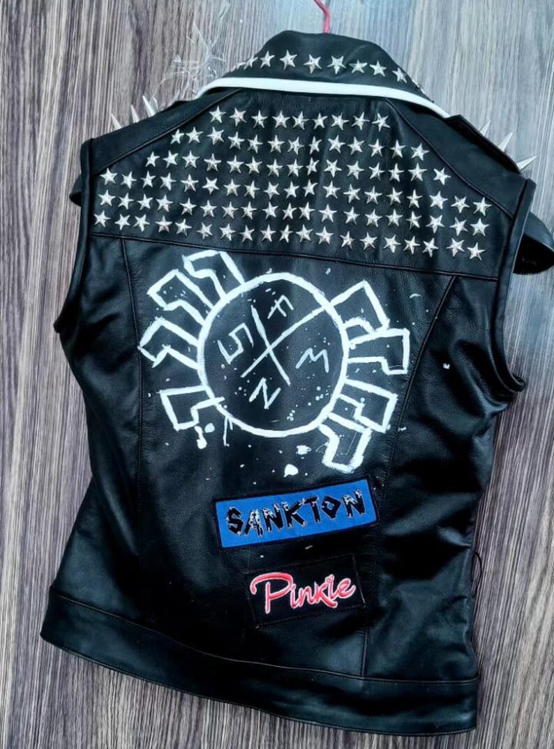 Starstudded Women's Leather Jacket With White Piping Trendy Studded