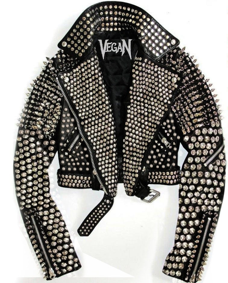 Women Full Studded Jacket, Women Black Leather Rock, Women Steam