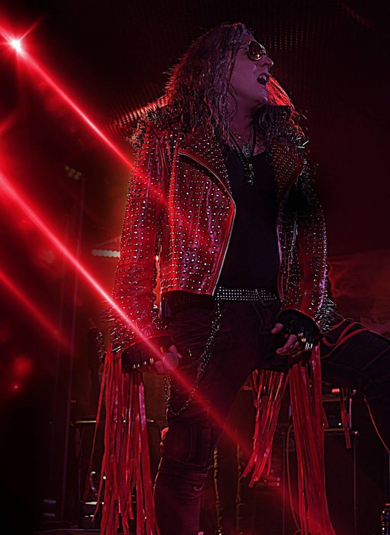Red Rocker Studded Jacket Leather, Silver Studded Red