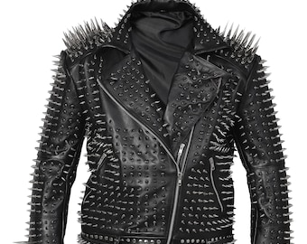 Men SPIKED Studded BLACK Leather Jacket Brando Full  Steampunk Rocker Silver Long Spikes