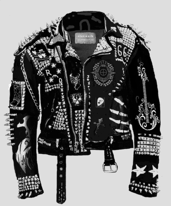 Men's Black Leather Jacket With Silver Studs, Patches of