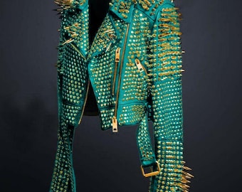 Viridian Green Gothic Punk Leather Jacket – Men’s Custom Brando Moto Fit with Golden Spikes, Waist Belt & Studded Gangster Biker Style