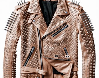 Premium Tan Real Leather Jacket with Silver Spikes and Studs Men Cropped Punk Biker Style