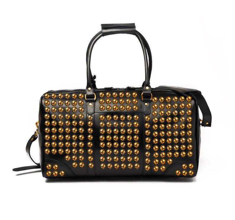 Unisex GOLDEN Studded Leather Duffel Bag, Black Studded Leather