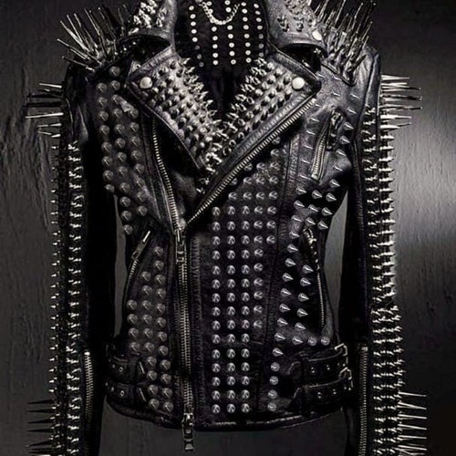 Studded Leather Jacket Women Handmade Full Black Punk Silver Long
