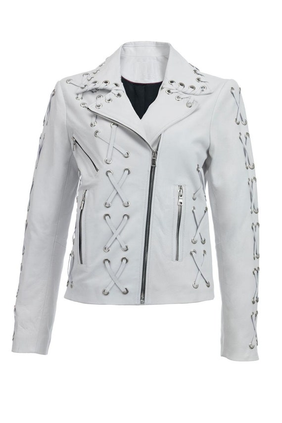 Handmade Women S White Color Full Silver Studded Genuine Leather Jacket Each Stud Is Placed By Hand And Connected With Lace Zipper