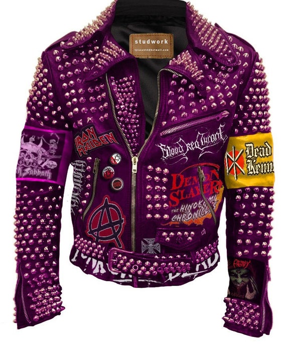Vivid Violet Leather Jacket Conical Studs Punk Rock Wear
