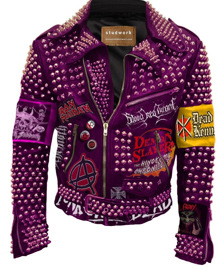Vivid Violet Leather Jacket Conical Studs Punk Rock Wear With