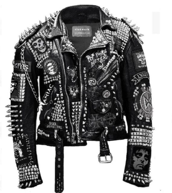 Black and White Studded Leather Jacket Men, Steampunk Studded Jacket, Cowhide Leather Patchwork, Dead Kennedy Clothing, Skull Social Jacket,