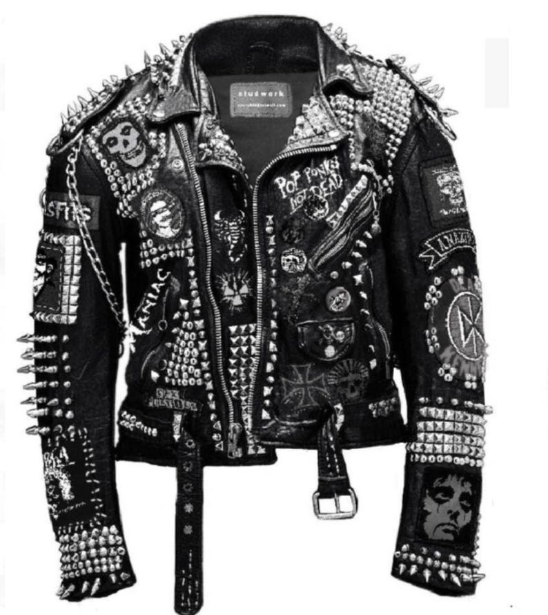men studded spiked leather patches jacket, punk studed jacket, chain jacket