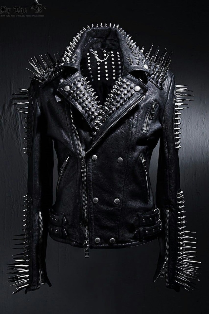 Handmade Mens Full Black Punk Silver Long Spiked Studded Image 0