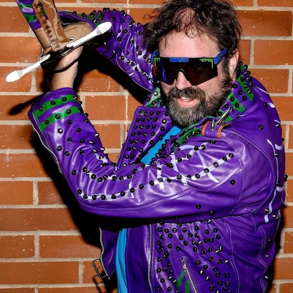 Purple Green Studded Leather Jacket Men's Brando Belted