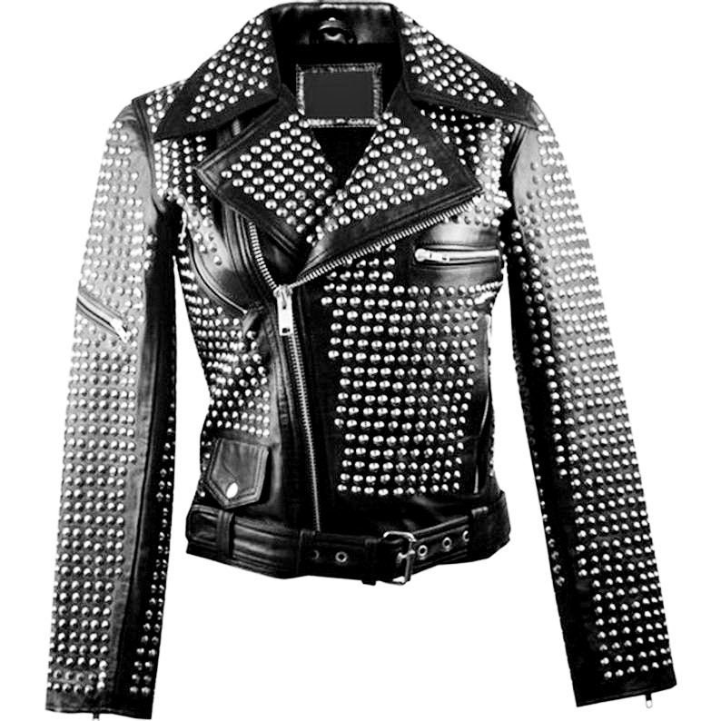 Motorbike Round Studded Jacket, Genuine Leather Belted
