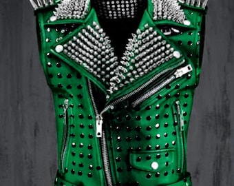 Iron Bloom Women’s Green Leather Vest Studded Collar, Spiked Shoulders & Gothic Punk Steampunk Style